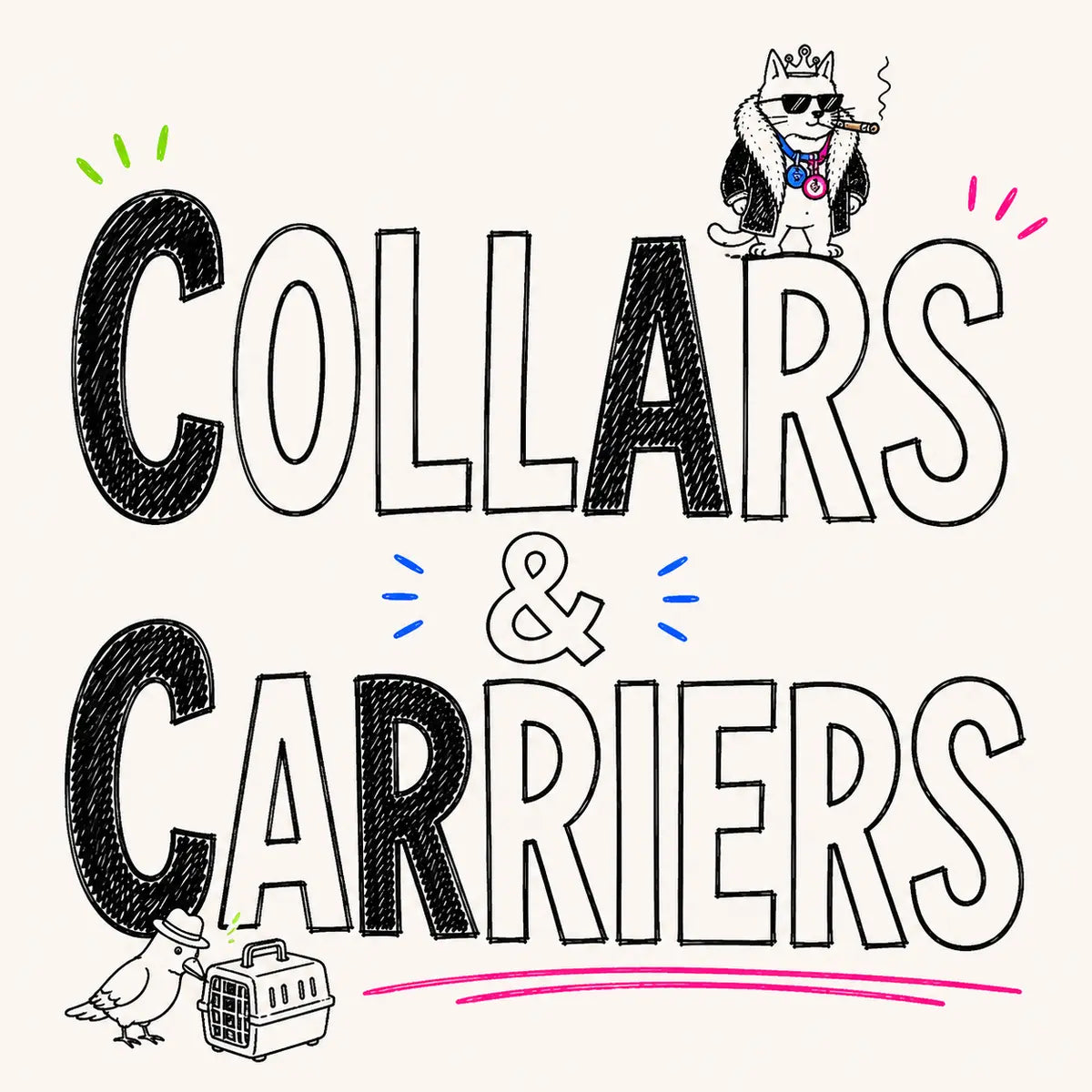 Hand-drawn Collars & Carriers category card for The Apartment Cat