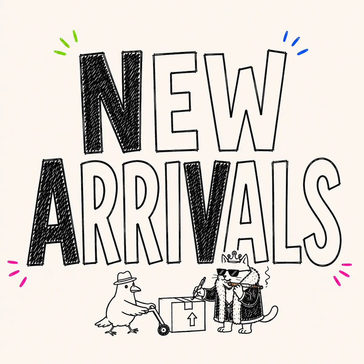 Hand-drawn New Arrivals category card for The Apartment Cat