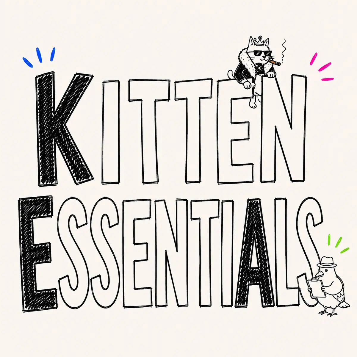 Hand-drawn Kitten Essentials category card for The Apartment Cat
