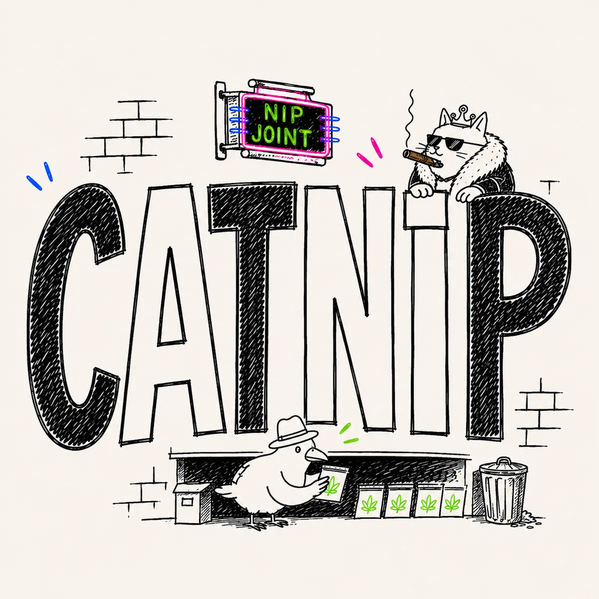 Hand-drawn Catnip category card for The Apartment Cat