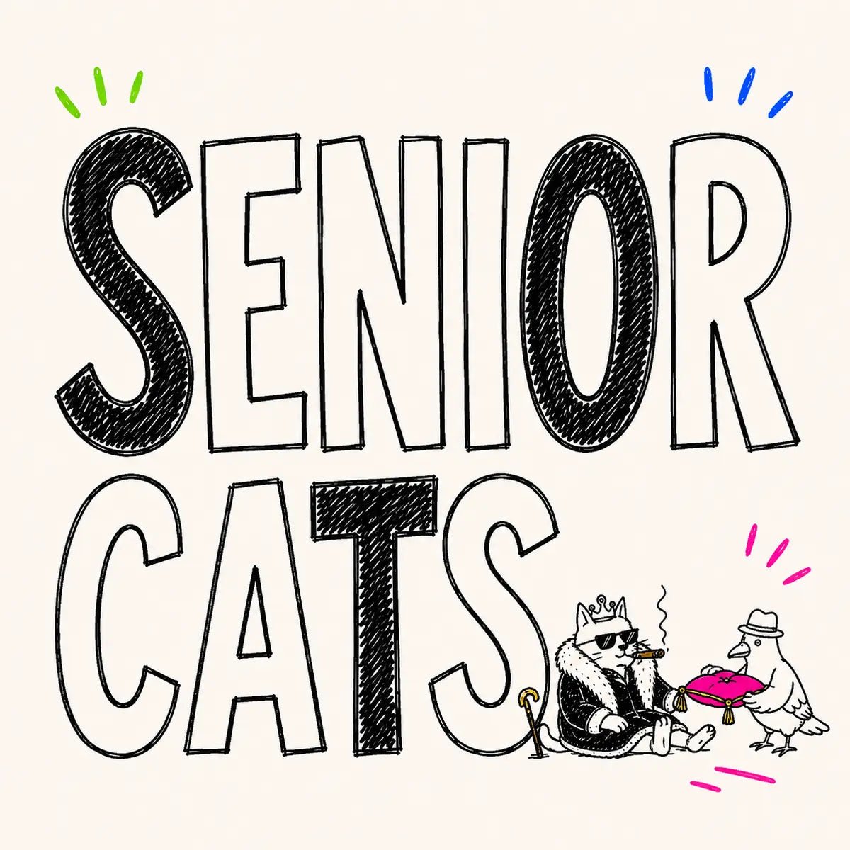 Hand-drawn Senior Cats category card for The Apartment Cat