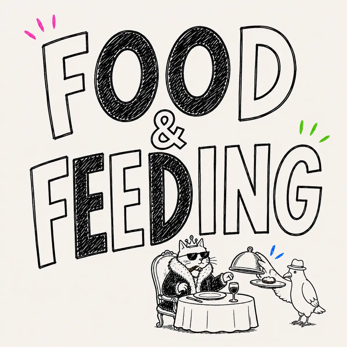 Hand-drawn Food & Feeding category card for The Apartment Cat