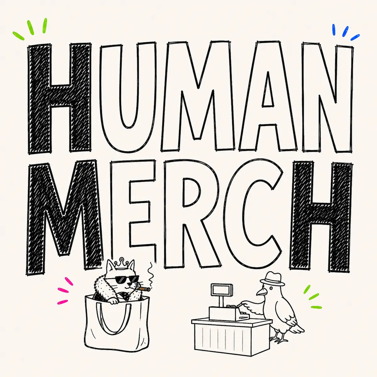 Hand-drawn Human Merch category card for The Apartment Cat