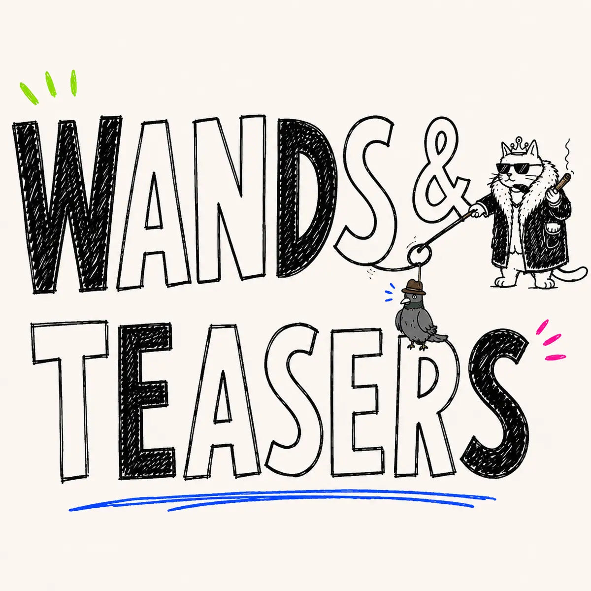 Hand-drawn Wands & Teasers category card for The Apartment Cat