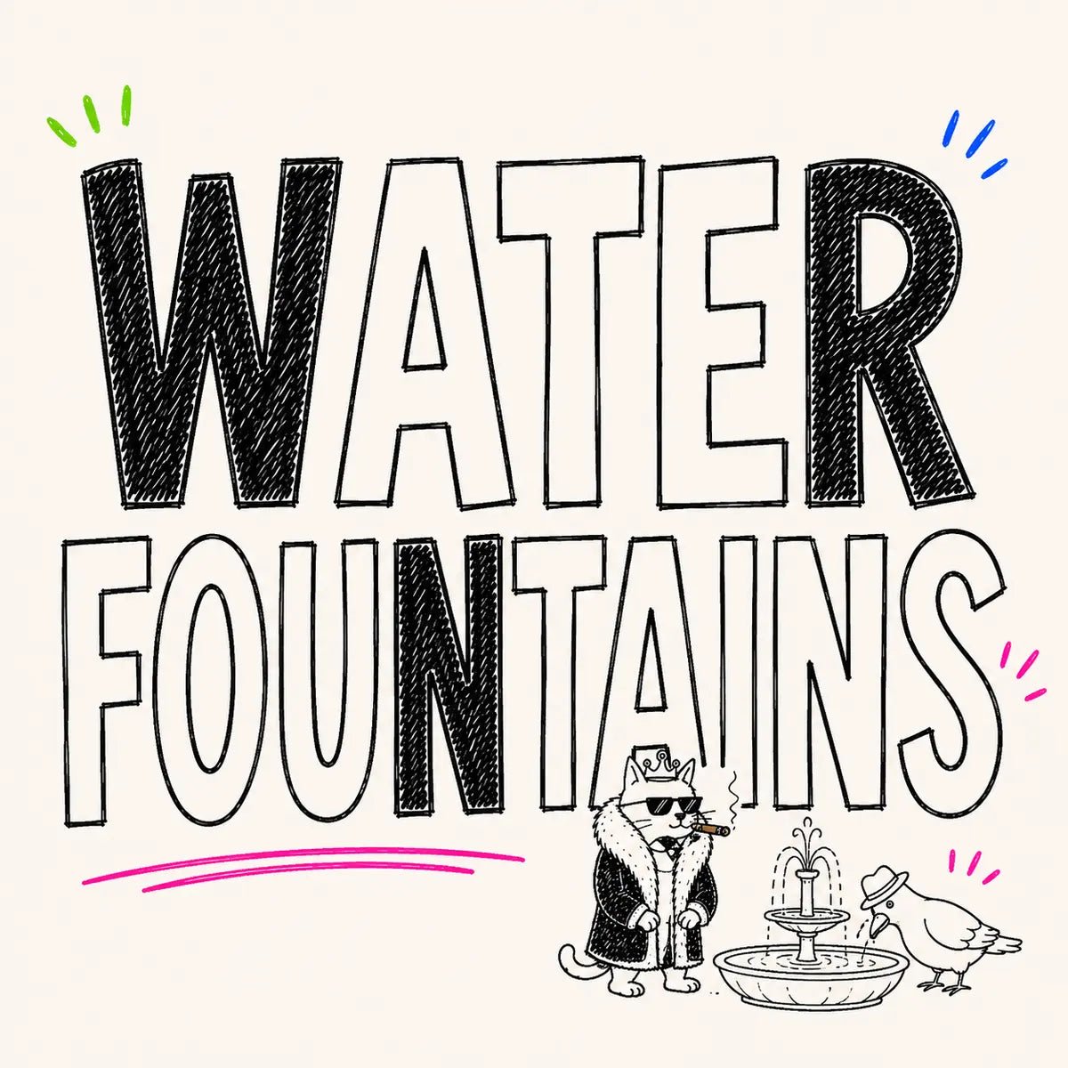 Hand-drawn Water Fountains category card for The Apartment Cat