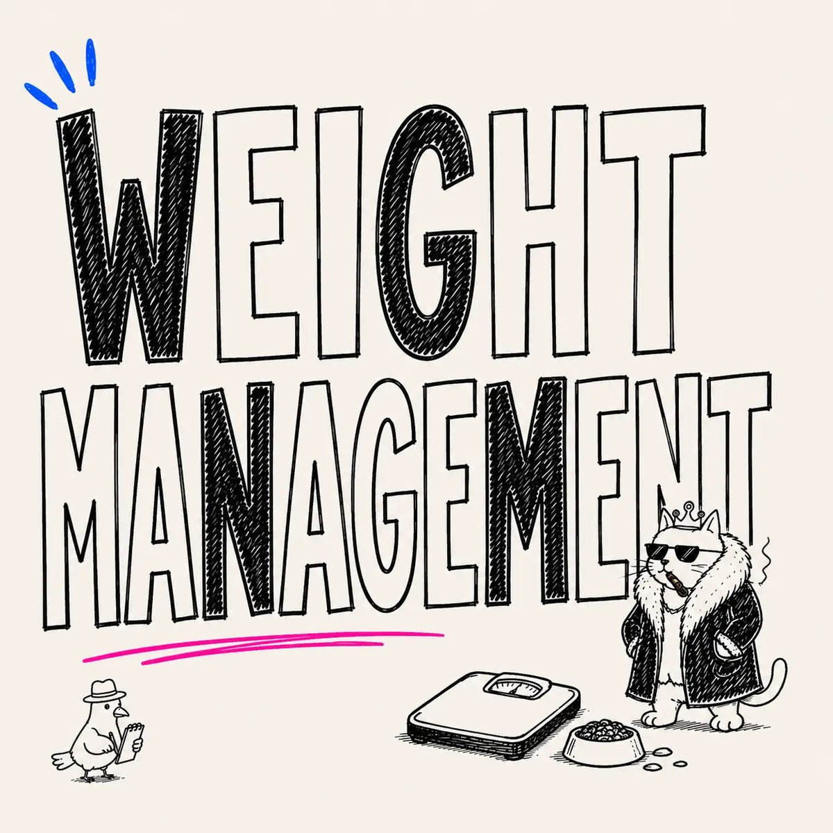 Hand-drawn Weight Management wet food category card with Tony