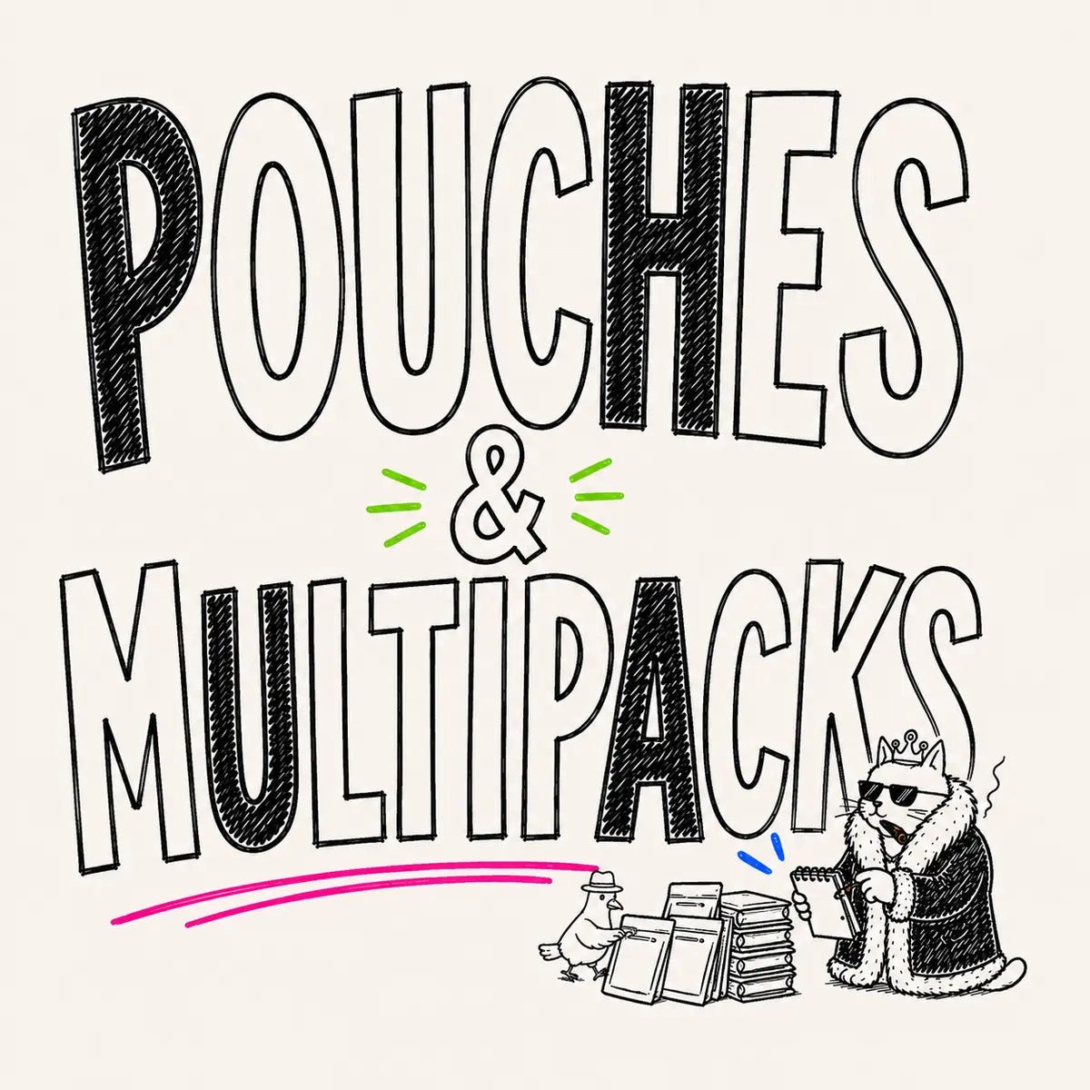 Hand-drawn Pouches and Multipacks wet food category card with Tony