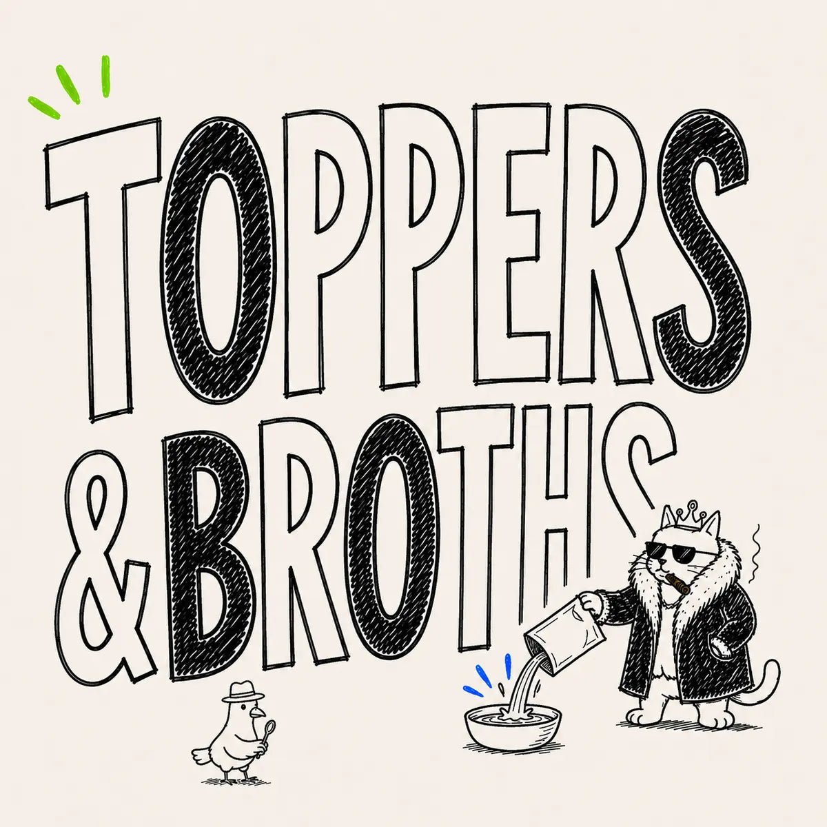 Hand-drawn Toppers and Broths wet food category card with Tony