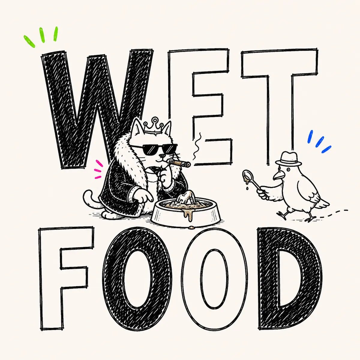 Hand-drawn Wet Food category card for The Apartment Cat
