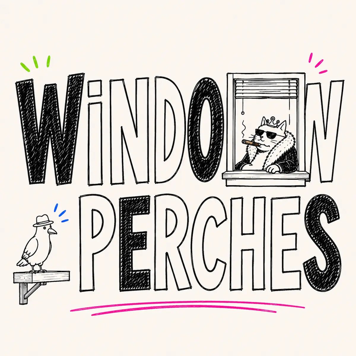 Hand-drawn Window Perches category card for The Apartment Cat