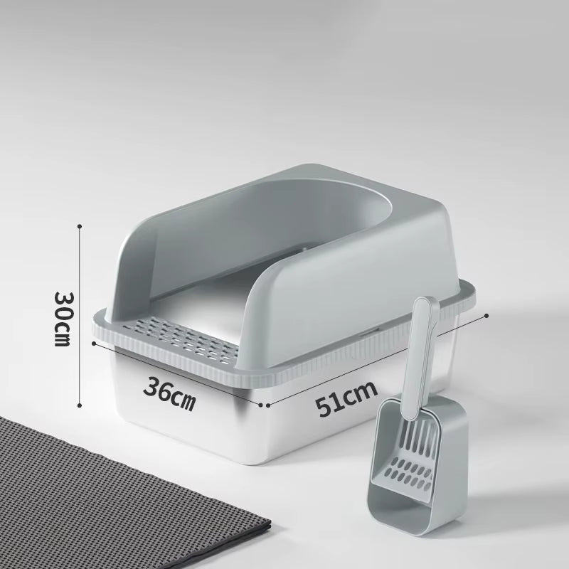 Soft-grey high-walled cat litter box with built-in scoop holder and slotted base.
