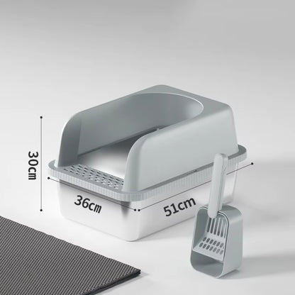 Soft-grey high-walled cat litter box with built-in scoop holder and slotted base.