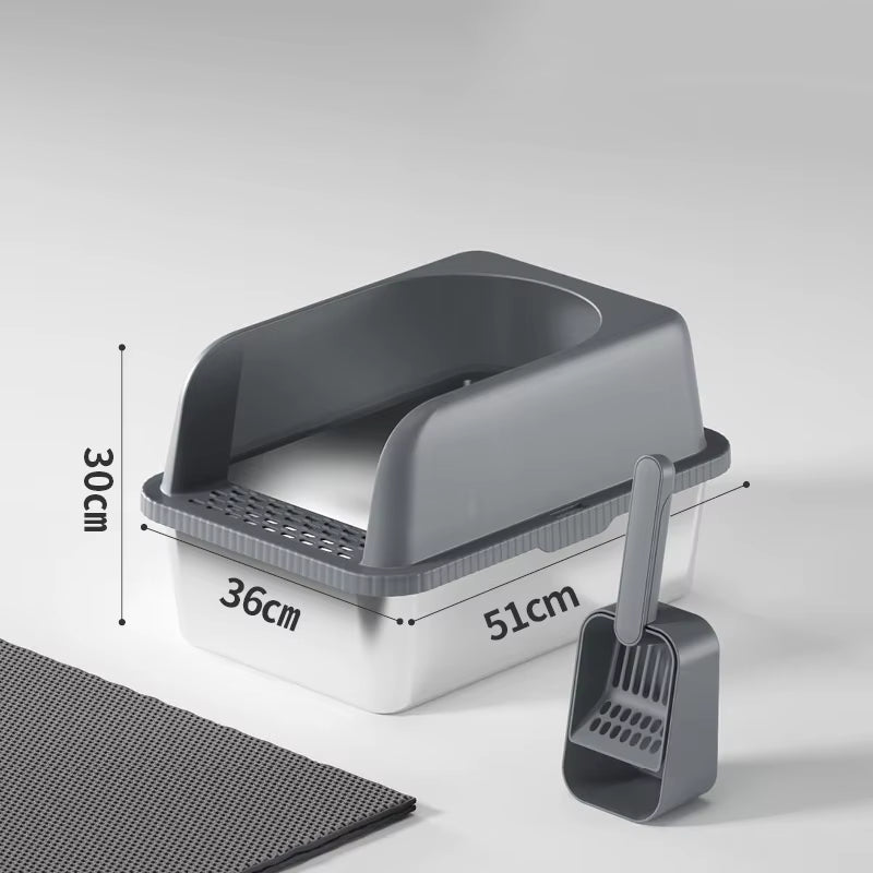 Soft-grey high-walled cat litter box with scoop and slotted top tray for clumping litter.
