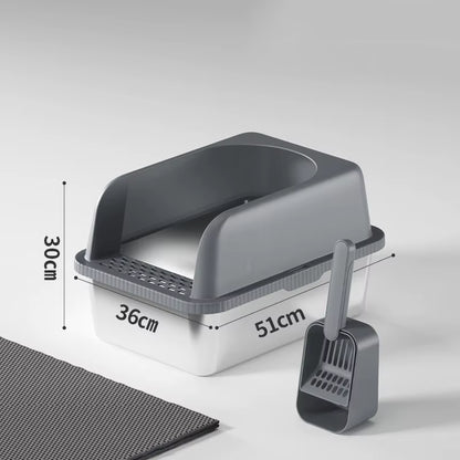 Soft-grey high-walled cat litter box with scoop and slotted top tray for clumping litter.
