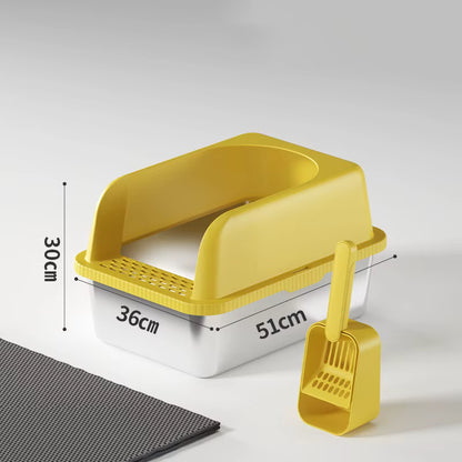 Yellow high-walled cat litter box with scoop and slotted top tray for litter separation.