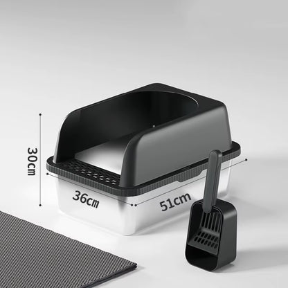 Black high-walled cat litter box with scoop and slotted top tray for easy cleaning.