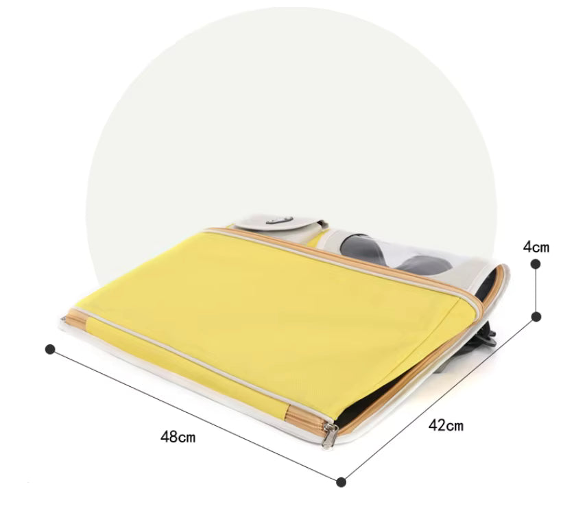 Yellow foldable cat carrier with front window, side pocket, and fold-flat design