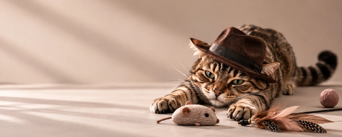 A tabby cat in a hat playing with toys