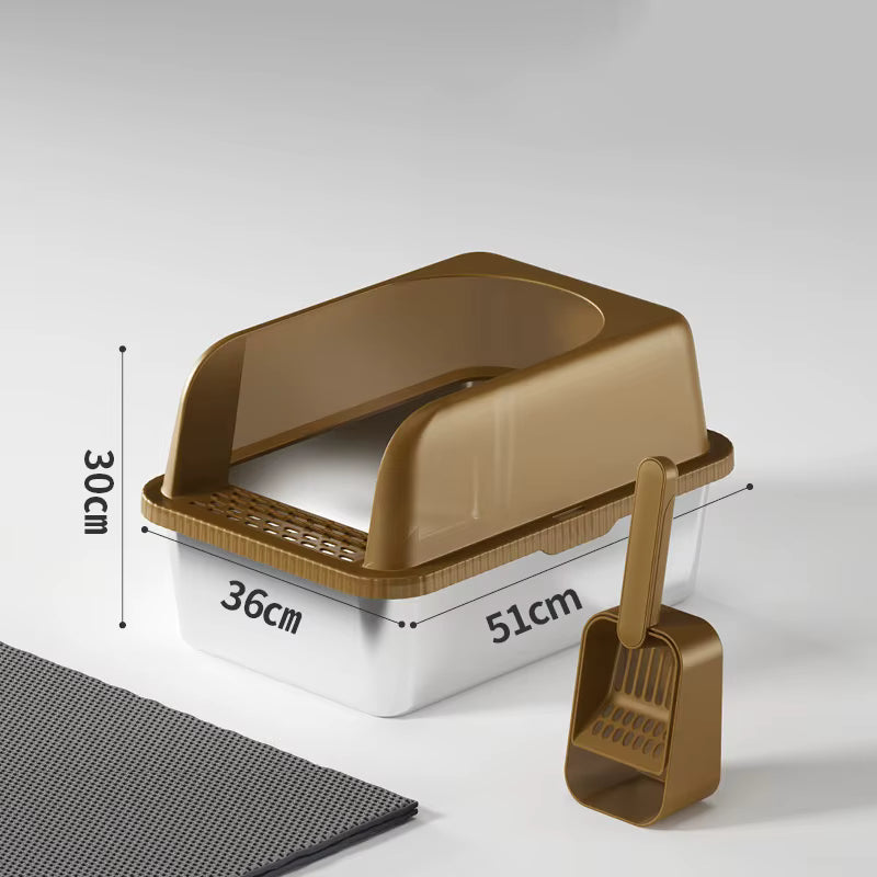 Brown high-walled cat litter box with scoop and slotted top tray with open front.