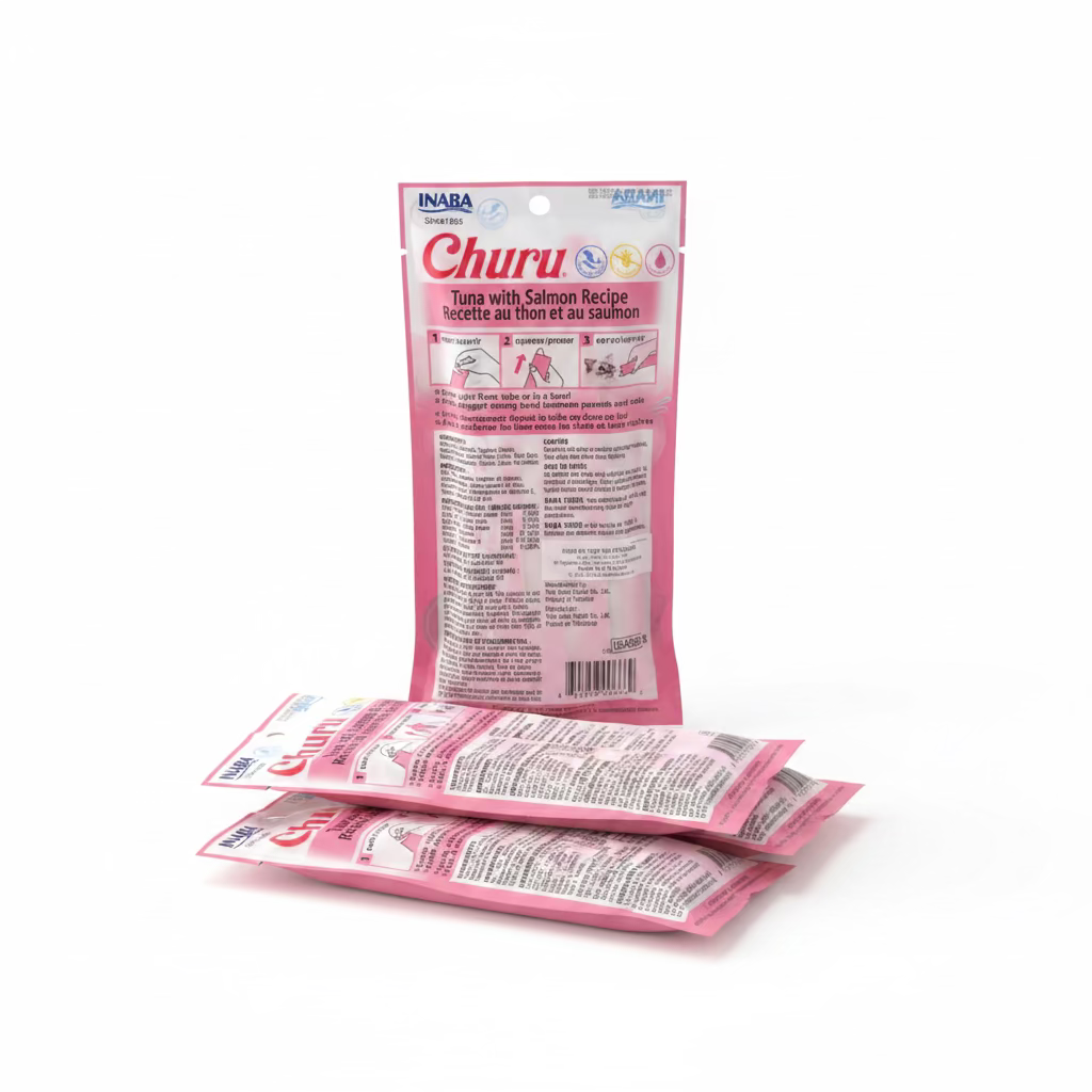INABA Churu creamy lickable cat treat tubes pack, pink tuna with salmon recipe, 4 tubes