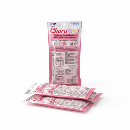 INABA Churu creamy lickable cat treat tubes pack, pink tuna with salmon recipe, 4 tubes