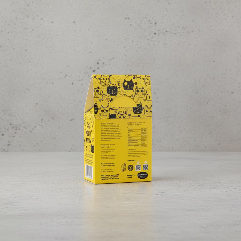 Cat treats box back with yellow cat pattern and label, 200g