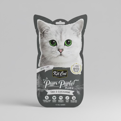 Kit Cat Purr Puree Plus+ cat treat envelope, gray front with white cat illustration