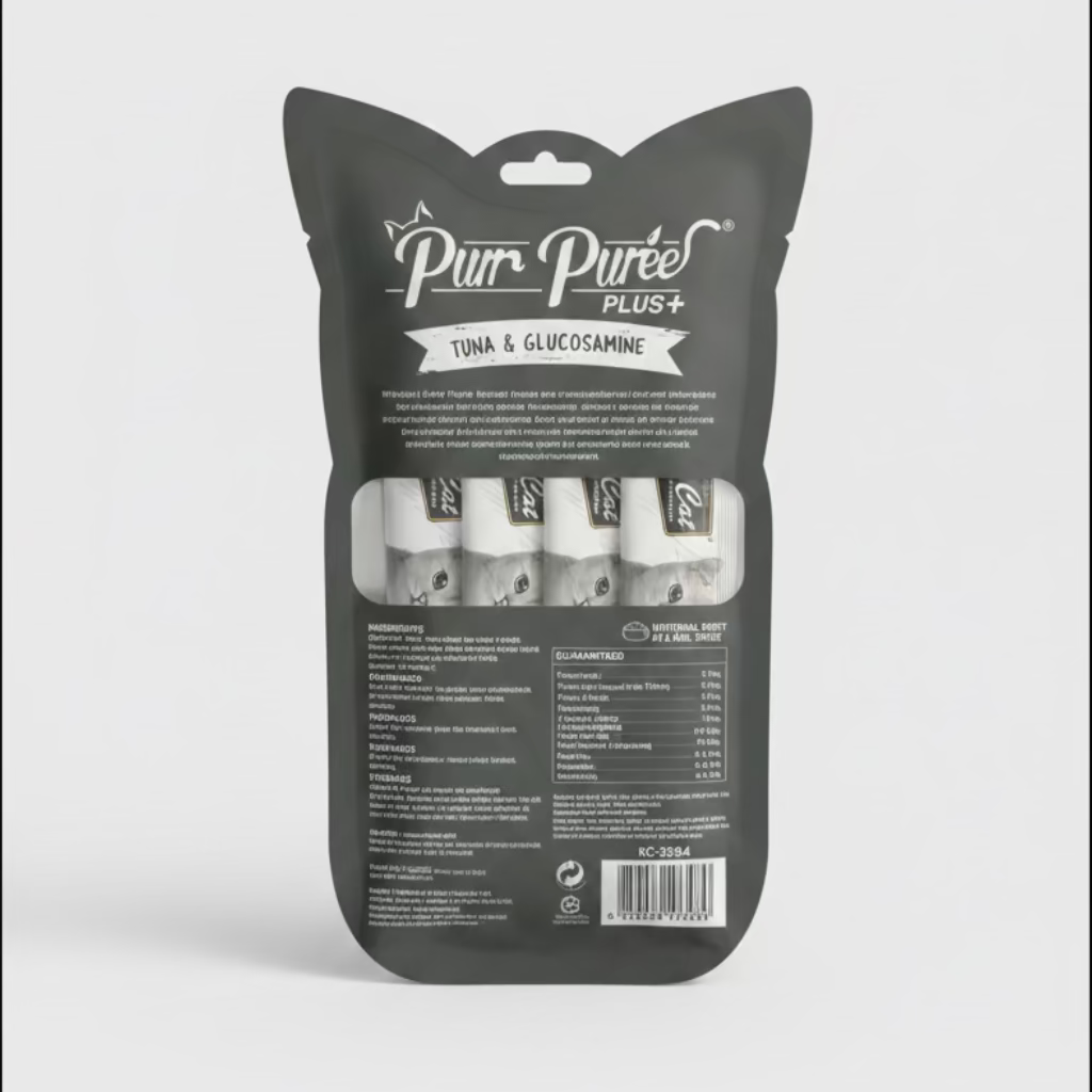 Kit Cat Purr Puree Plus+ cat treat envelope, dark gray back with nutrition and bar code