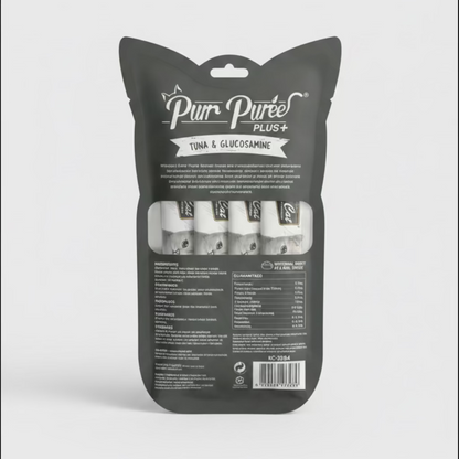 Kit Cat Purr Puree Plus+ cat treat envelope, dark gray back with nutrition and bar code