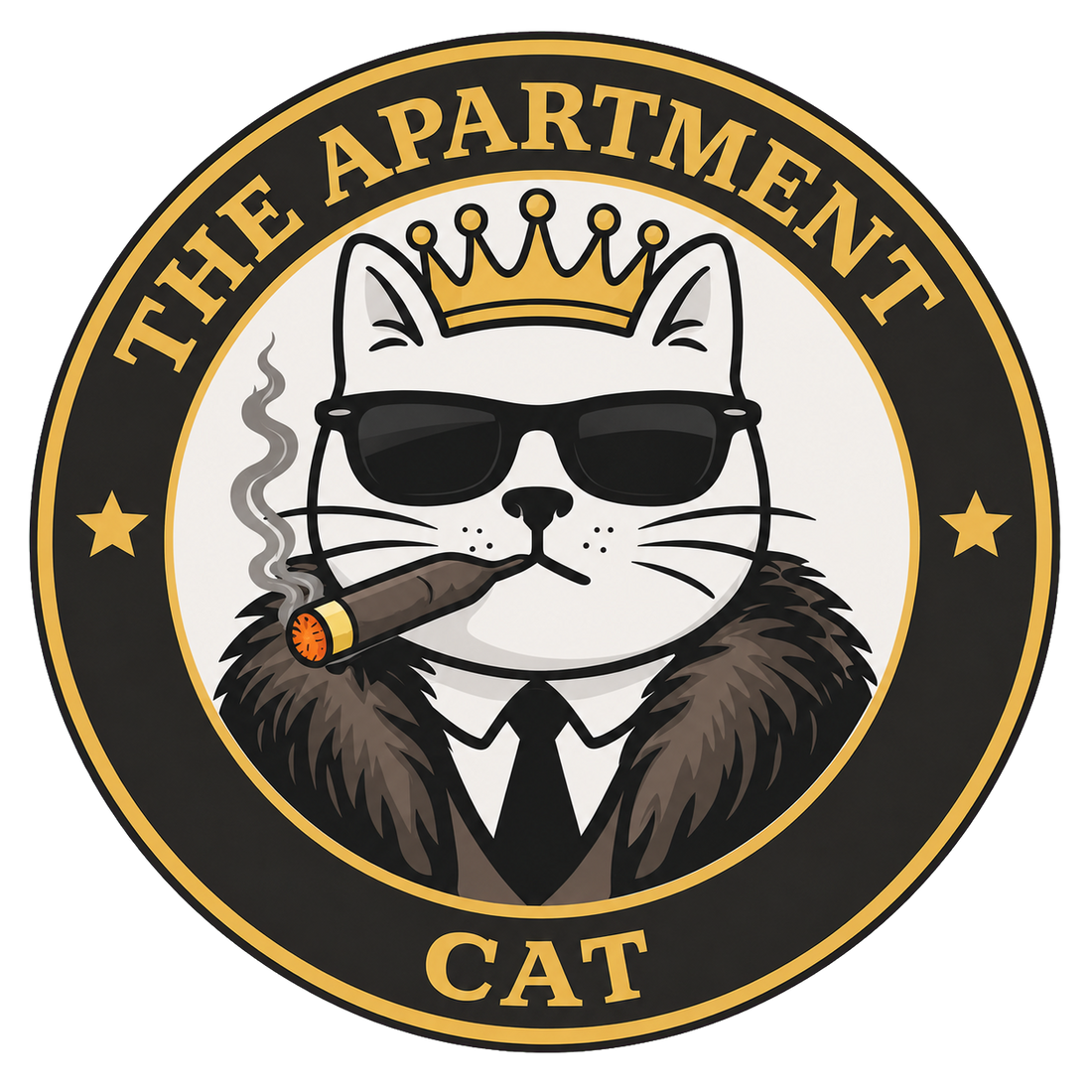 The Apartment Cat logo featuring a crowned white cat in sunglasses and a fur coat with a cigar.