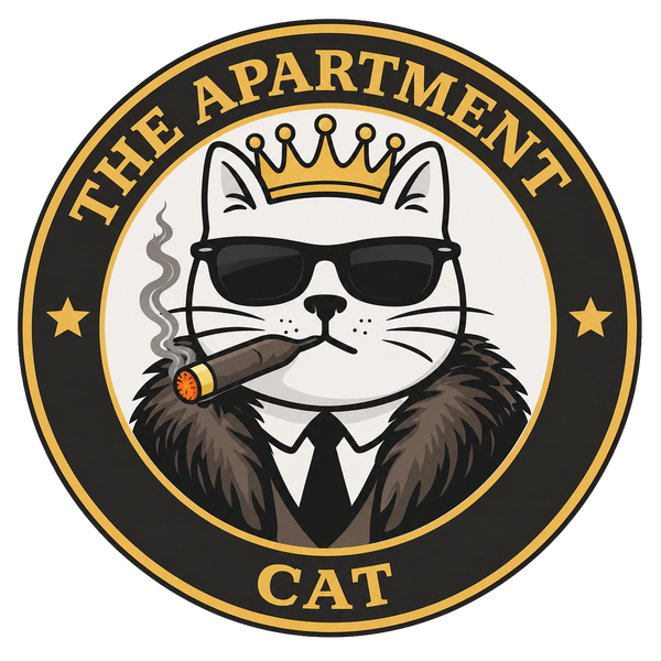 The Apartment Cat logo featuring a crowned white cat in sunglasses and a fur coat with a cigar.