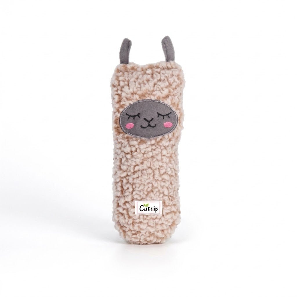 Llama-shaped plush catnip sock toy with cute sleeping face patch