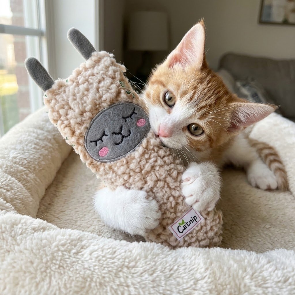 Llama plush catnip toy next to an orange-and-white kitten