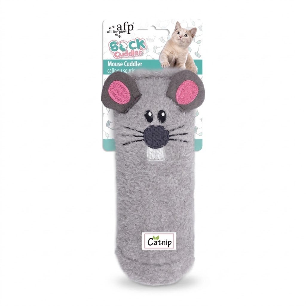 Gray cat cuddle sock toy with mouse face, pink ears, and Catnip patch