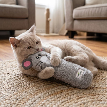 Gray cat cuddling a mouse-faced gray cuddle sock toy with Catnip label
