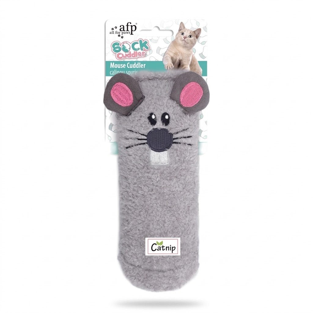 Gray mouse-faced cat cuddle sock toy with pink ear pads and Catnip label