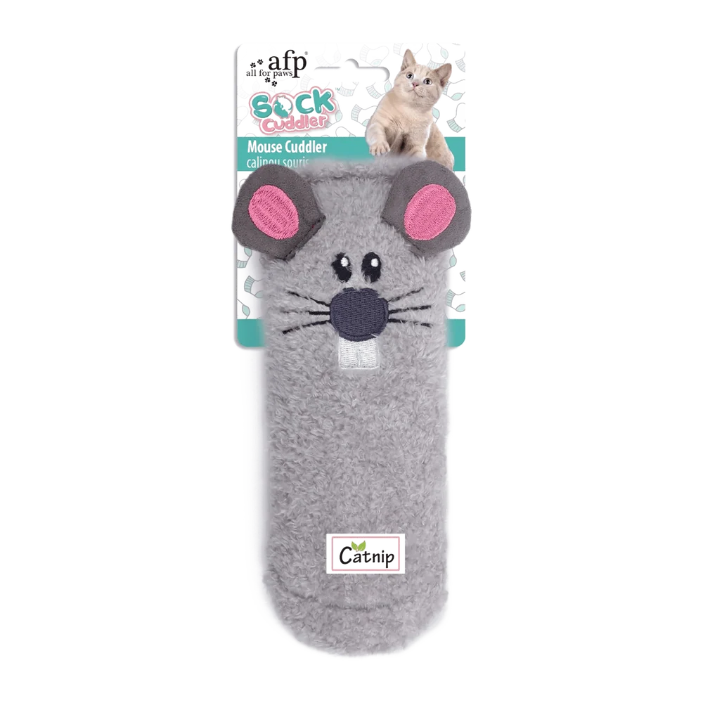 Grey plush sock toy with mouse face, pink ears, and embroidered whiskers