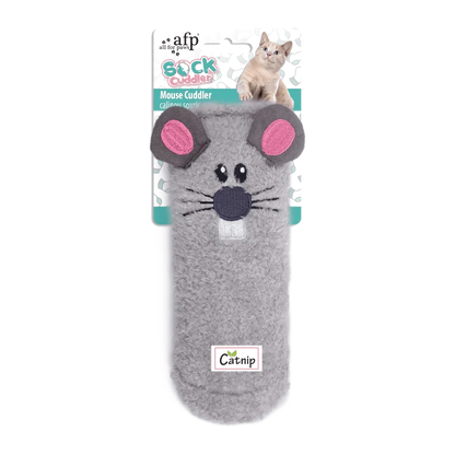 Grey plush sock toy with mouse face, pink ears, and embroidered whiskers