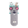 Grey plush sock toy with mouse face, pink ears, and embroidered whiskers