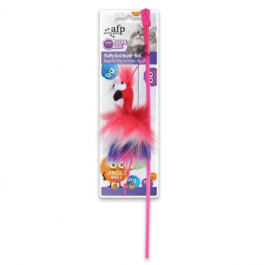 AFP fluffy bird wand toy with pink handle and red, white, and blue feather fuzz