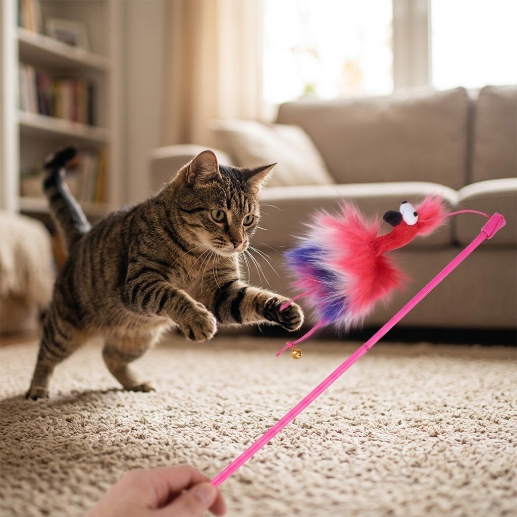 Fluffy feather bird wand toy with pink wand, white bird head, and small jingle bell