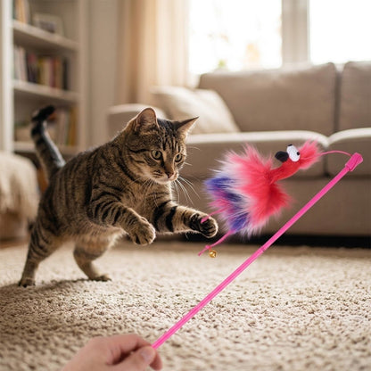 Fluffy feather bird wand toy with pink wand, white bird head, and small jingle bell