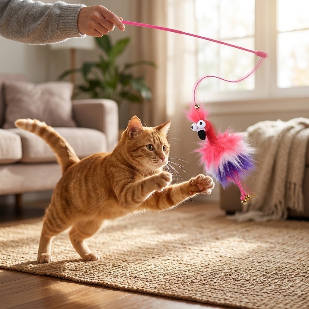 Fluffy bird wand toy with pink handle, red and white feathers, and hanging string