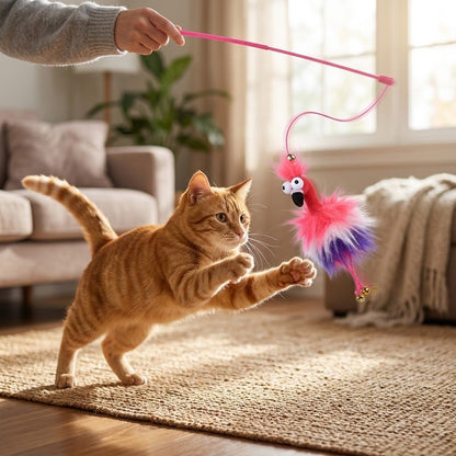 Fluffy bird wand toy with pink handle, red and white feathers, and hanging string