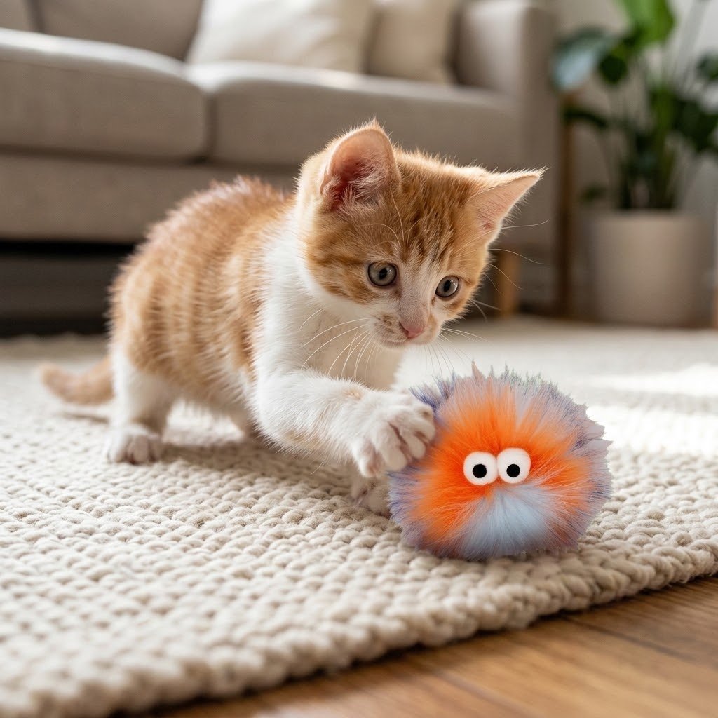 Orange fluffy cat toy ball with googly eyes beside a ginger-and-white kitten