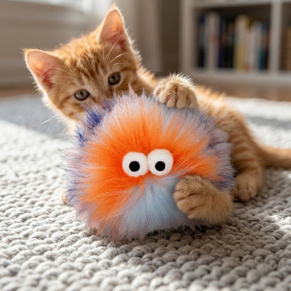 Fluffy orange cat toy ball with googly eyes as a kitten paws it