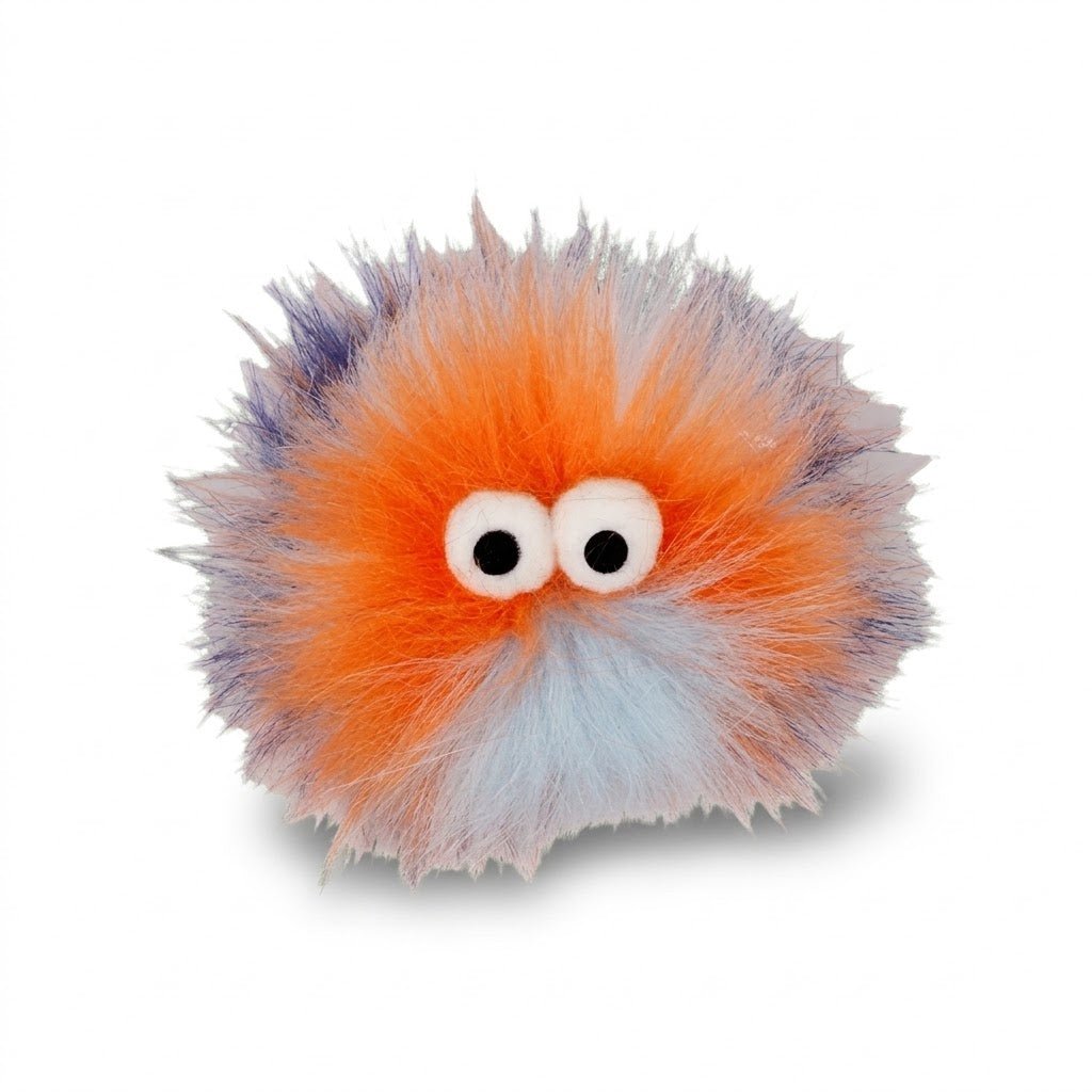 Orange and gray fluffy cat toy ball with large white googly eyes