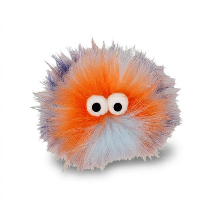 Orange and gray fluffy cat toy ball with large white googly eyes