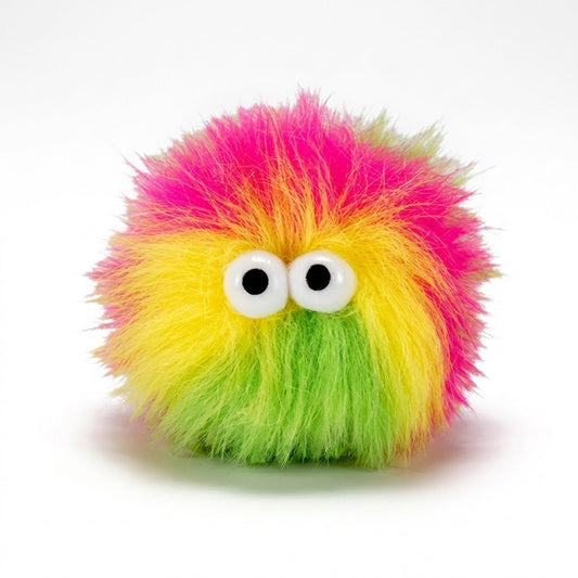Rainbow fuzzy cat toy ball with large white googly eyes