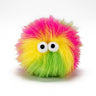 Rainbow fuzzy cat toy ball with large white googly eyes
